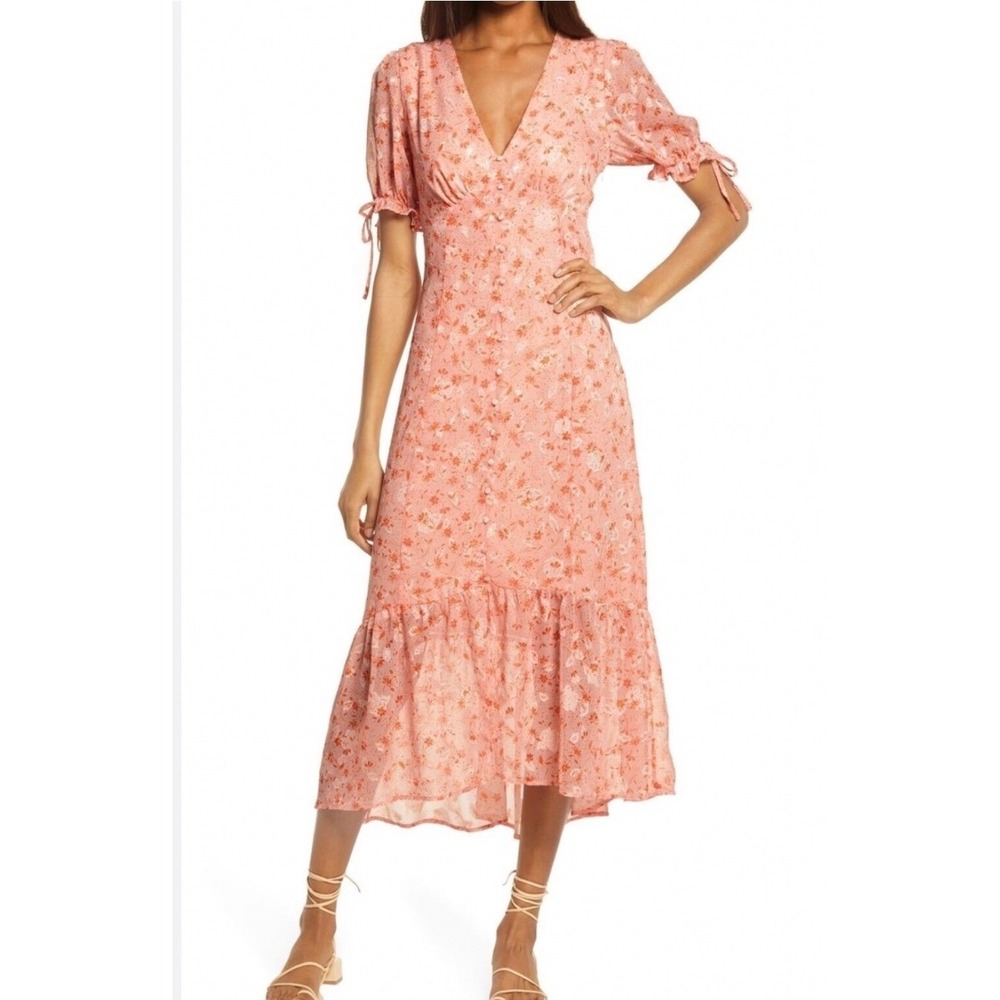 Chelsea28 Floral V-Neck Ruffle Midi Dress Peach Metallic Medium Cottagecore